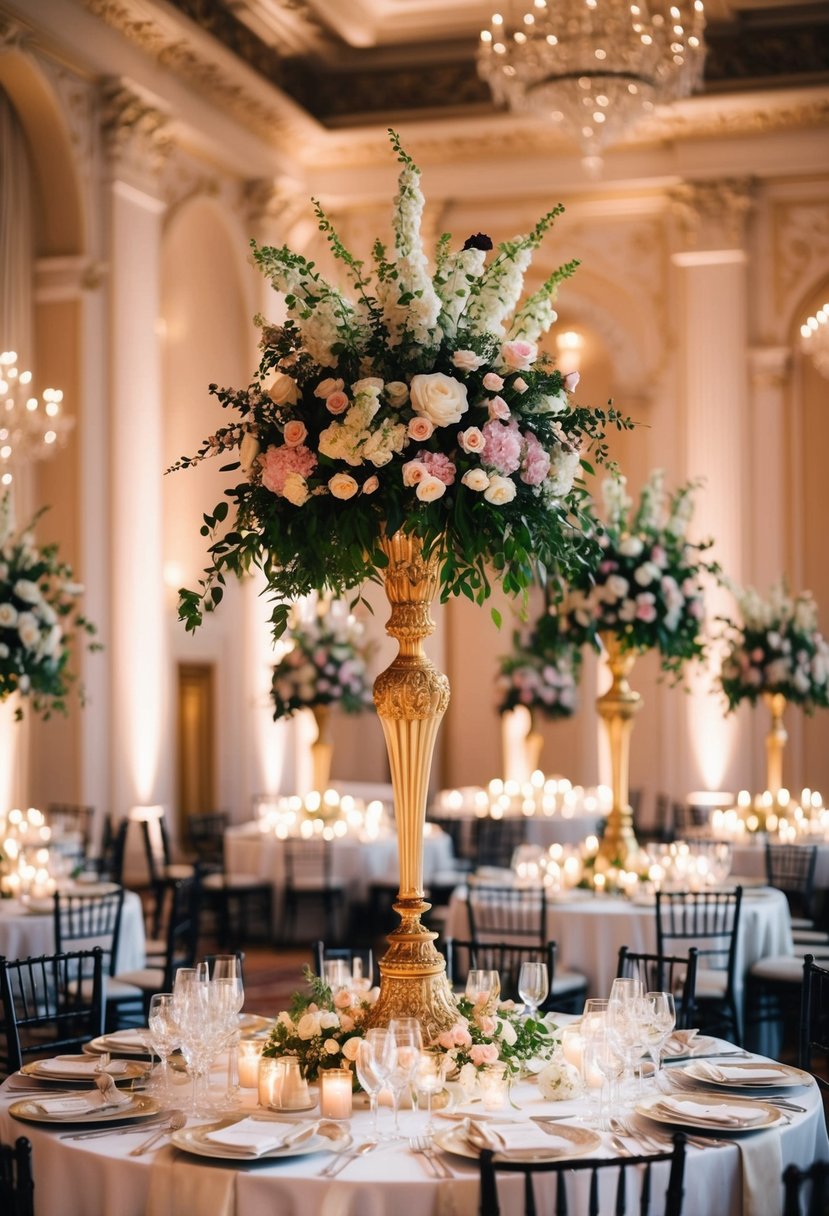 A grand ballroom with opulent floral centerpieces atop tall, ornate stands, surrounded by shimmering candlelight and elegant table settings