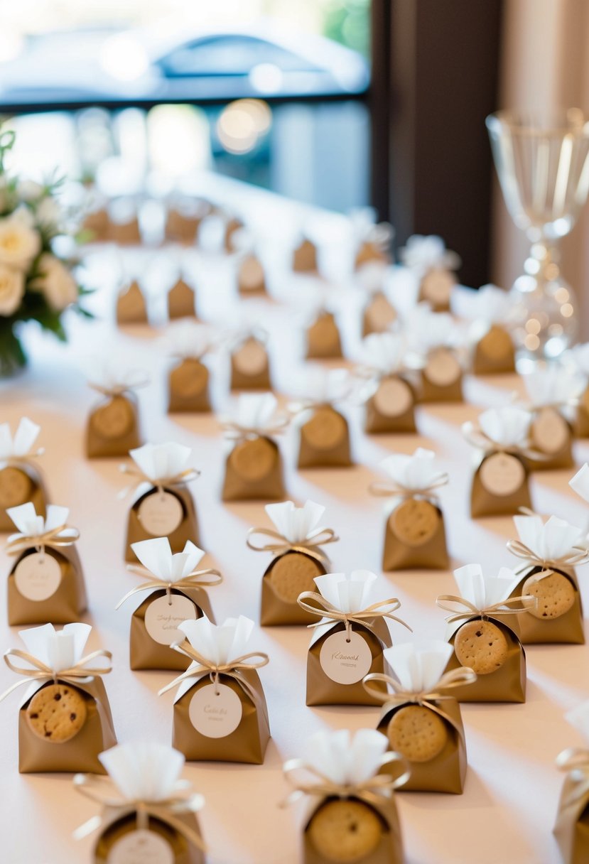 A table adorned with elegant, small gourmet cookie bags arranged neatly as wedding guest gifts