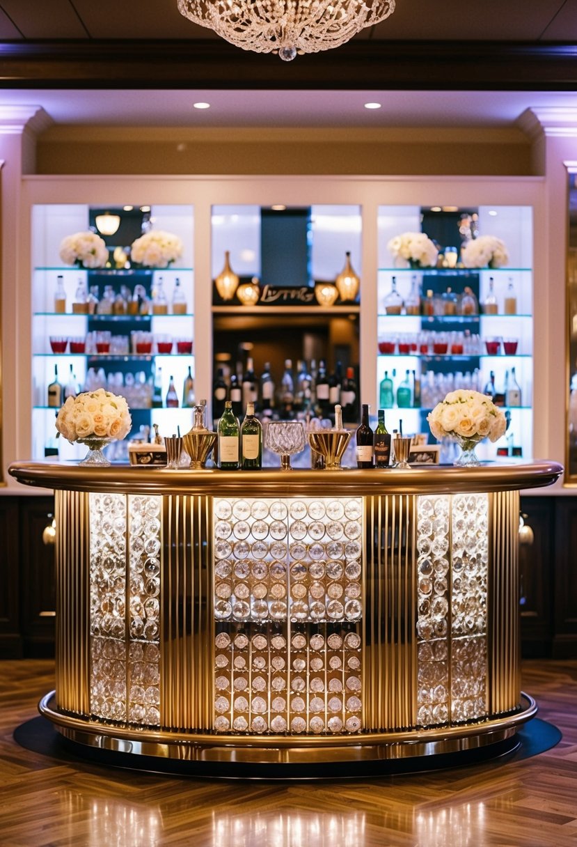 A lavish bar adorned with custom decorations for a luxury wedding