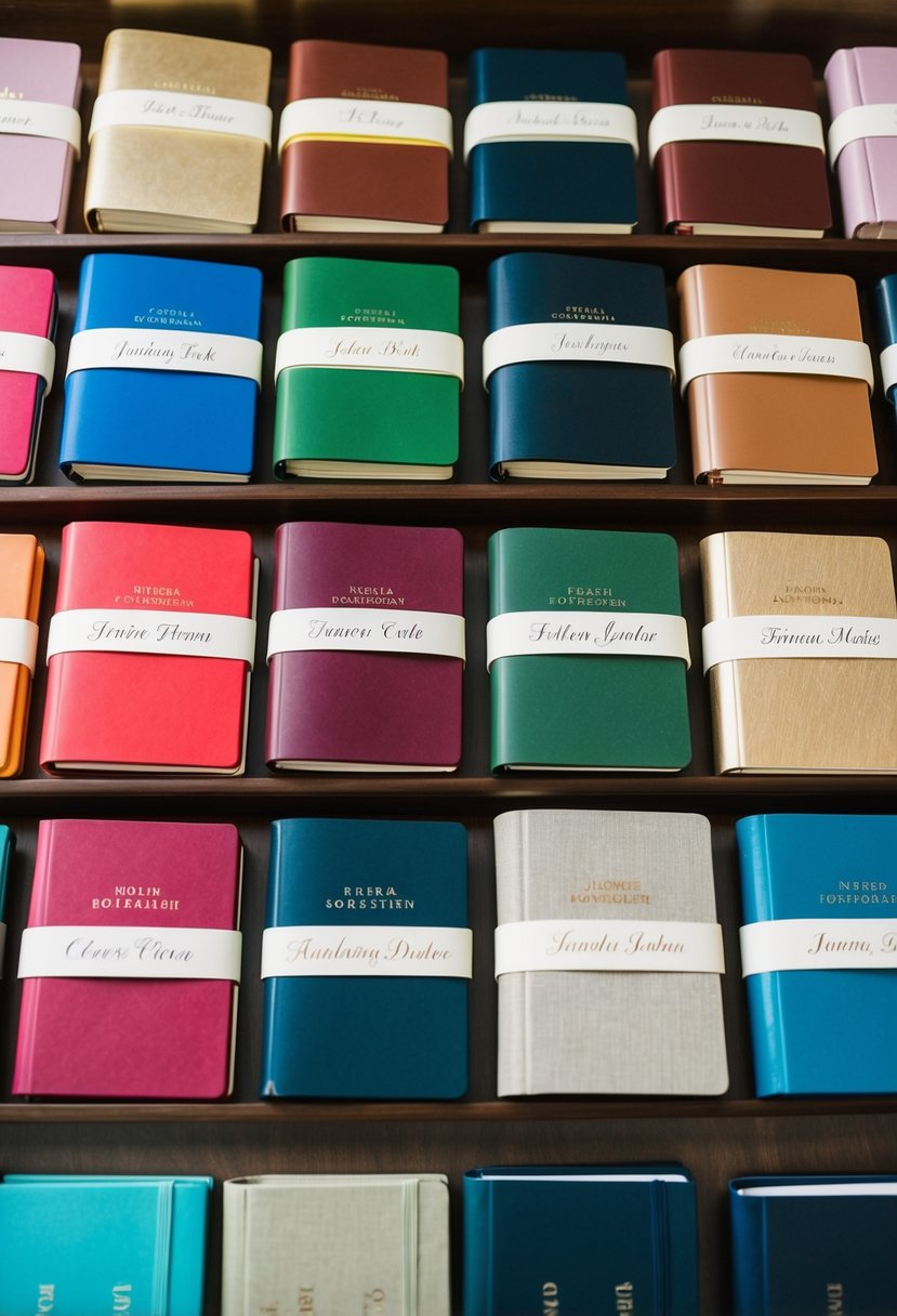 Colorful journals arranged in a neat display, with custom names and wedding date on each cover