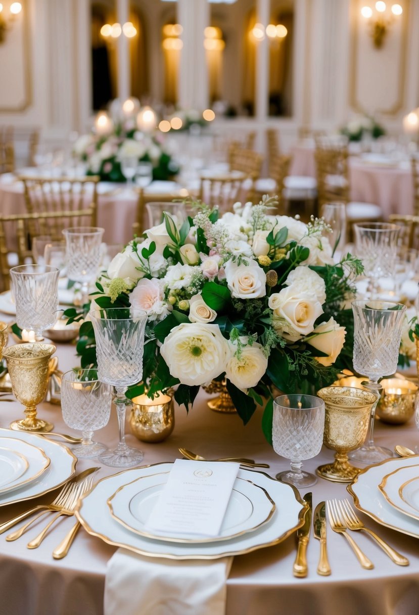 Opulent table adorned with fine china, crystal glasses, and lush floral centerpieces. Gold accents and elegant linens complete the luxurious wedding setting