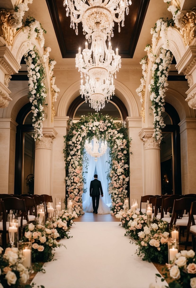 A grand entrance with opulent wedding decor, featuring ornate arches, cascading flowers, and elegant lighting