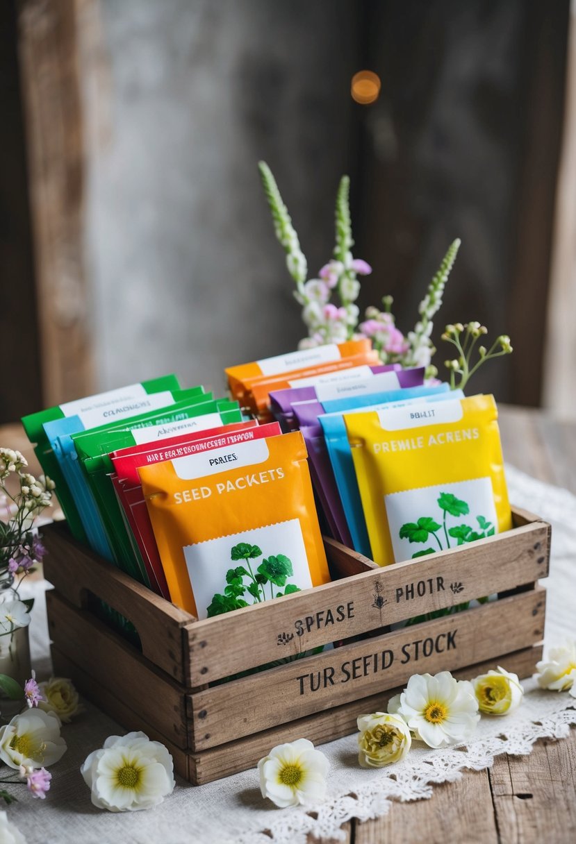 Colorful seed packets arranged in a wooden crate, surrounded by delicate floral decorations and placed on a rustic table