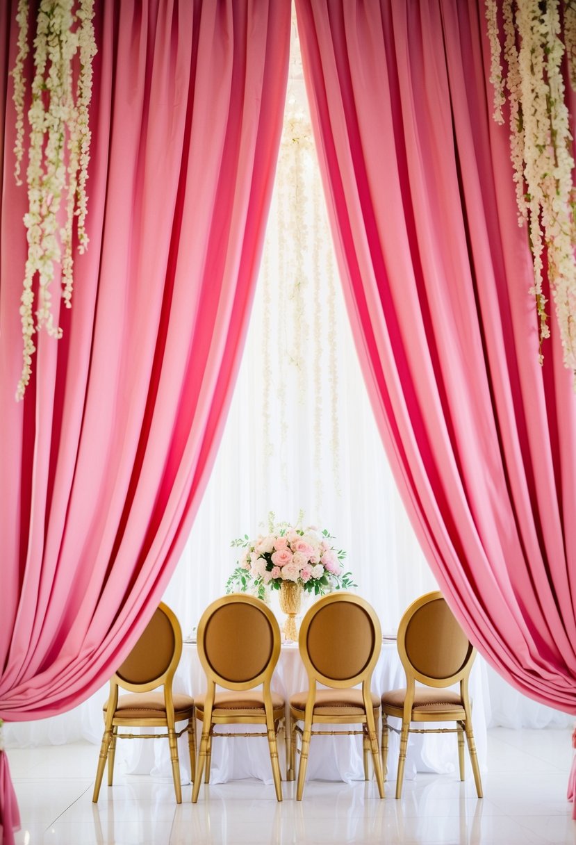 Pink drapes cascading from ceiling, framing gold chairs with ornate details. Luxurious wedding decor exudes opulence and elegance