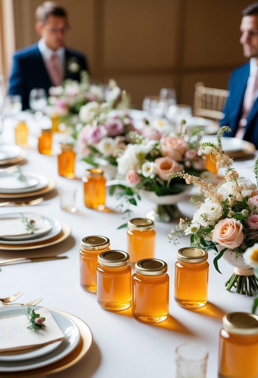 A table adorned with miniature honey jars, surrounded by delicate floral arrangements and elegant place settings for wedding guests