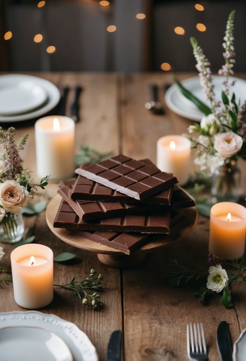 An elegant display of artisan chocolate bars arranged on a rustic wooden table, surrounded by delicate floral arrangements and soft candlelight