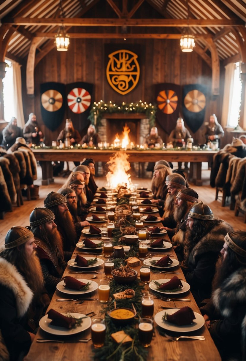 A viking wedding feast with long wooden tables, mead, and a roaring fire in a grand hall adorned with shields and furs