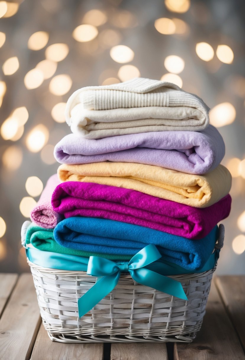 A pile of soft, colorful throw blankets arranged in a decorative basket, with a ribbon tied around it