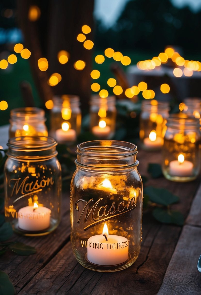 Mason jars filled with tea lights illuminate a rustic Viking wedding setting