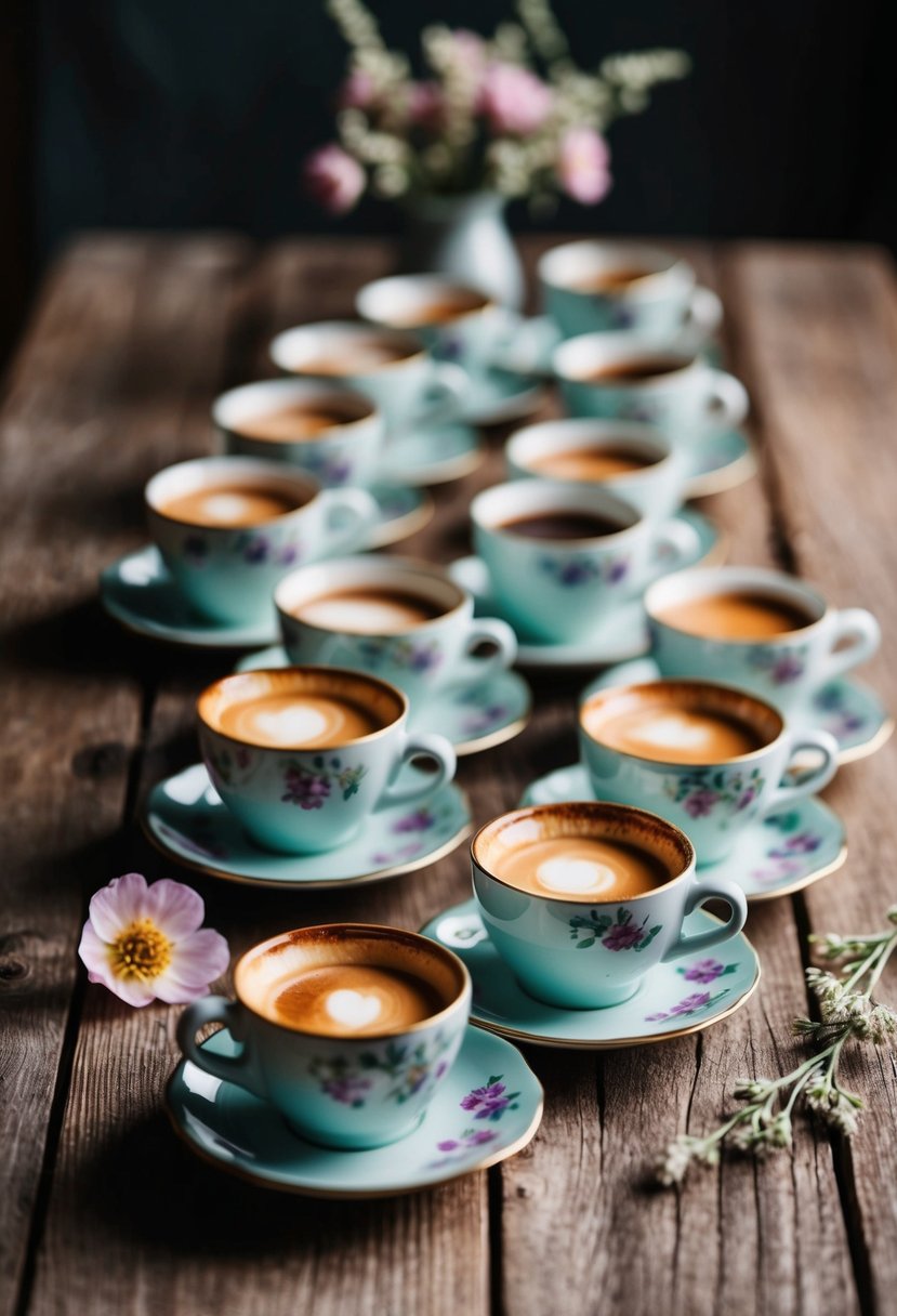 Hand-painted espresso cups arranged on a rustic wooden table with delicate floral decorations