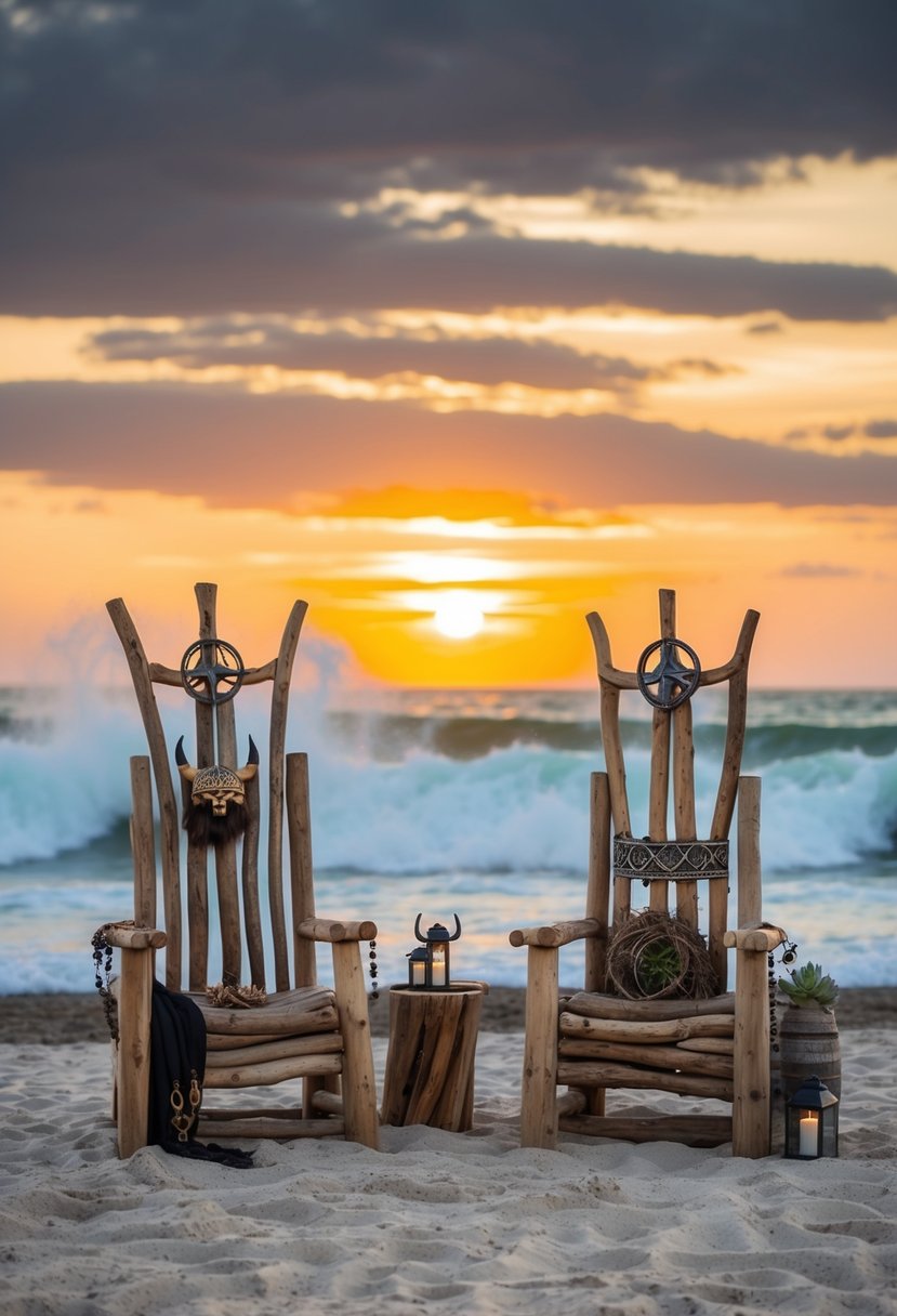 Two driftwood thrones on a beach, adorned with viking-inspired decor and surrounded by crashing waves and a dramatic sunset