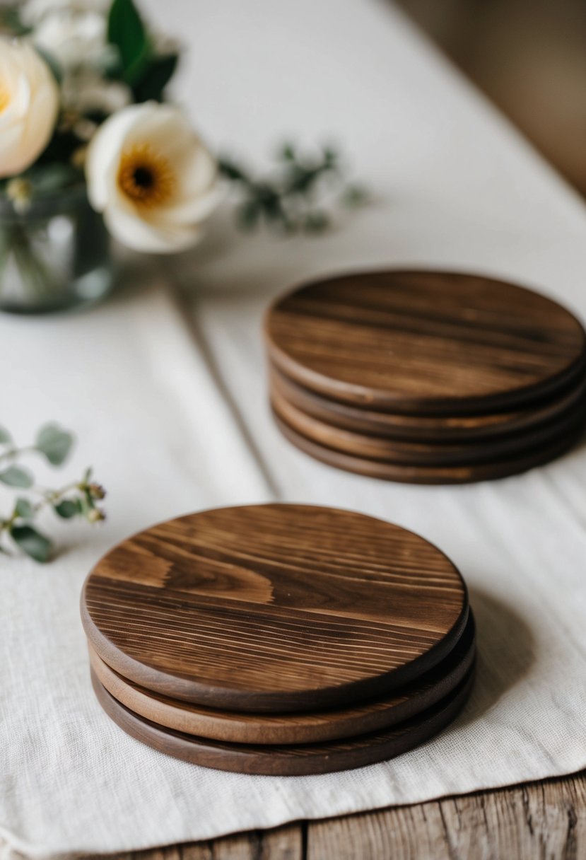 A set of rustic wood coasters arranged on a table with delicate floral accents nearby