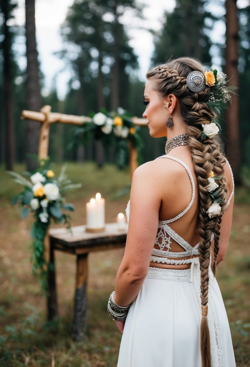 A bride with braided viking hairstyles, adorned with flowers and intricate jewelry, stands before a rustic altar in a forest clearing