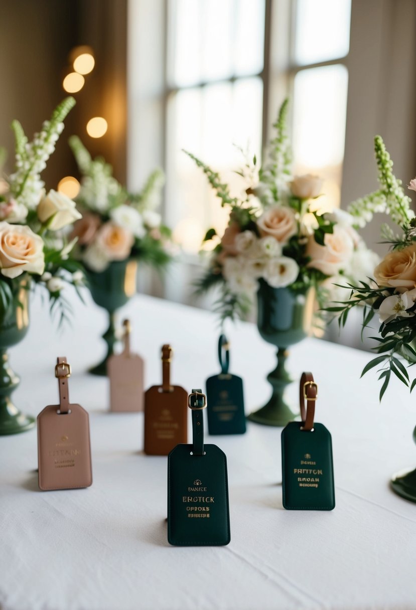 Elegant luggage tags displayed on a table with delicate floral arrangements and soft lighting