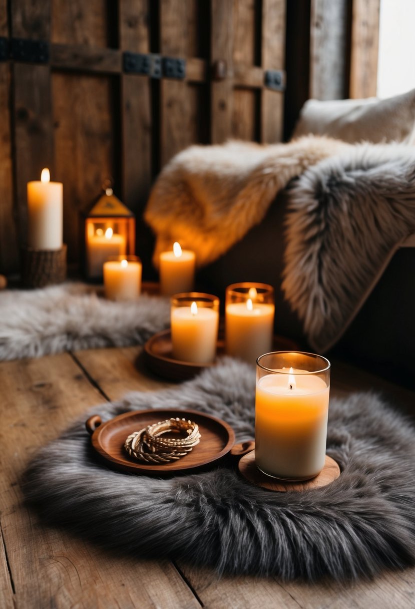 A cozy viking wedding scene with faux fur rugs, rustic decor, and candlelit ambiance