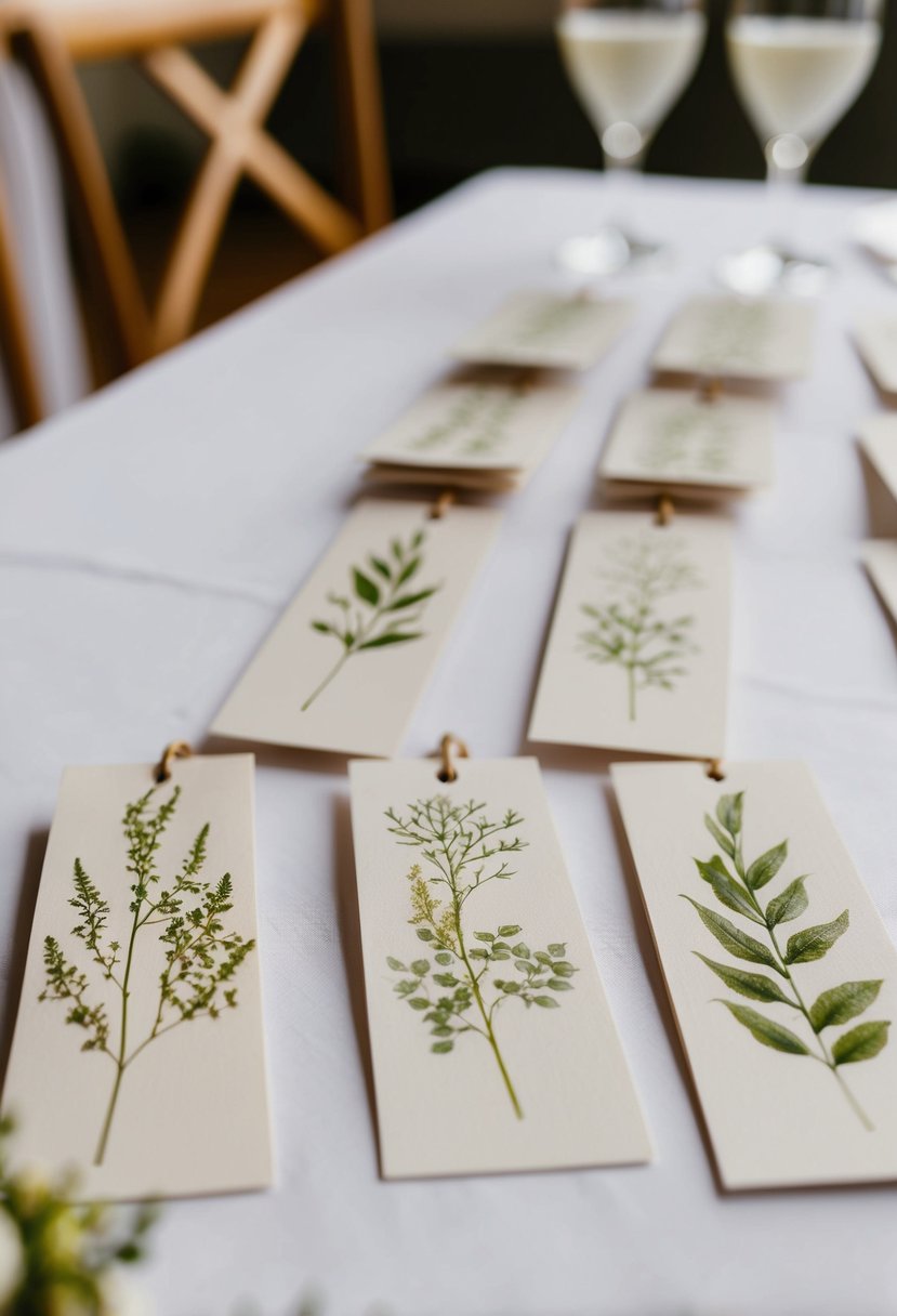 A collection of delicate botanical print bookmarks arranged on a table, ready to be given as small gifts to wedding guests