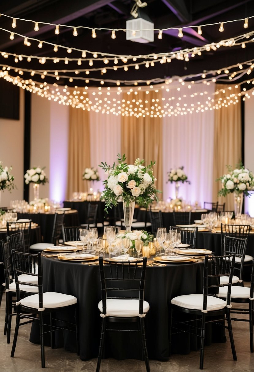 A luxurious black and gold wedding reception with elegant table settings, floral centerpieces, and twinkling string lights