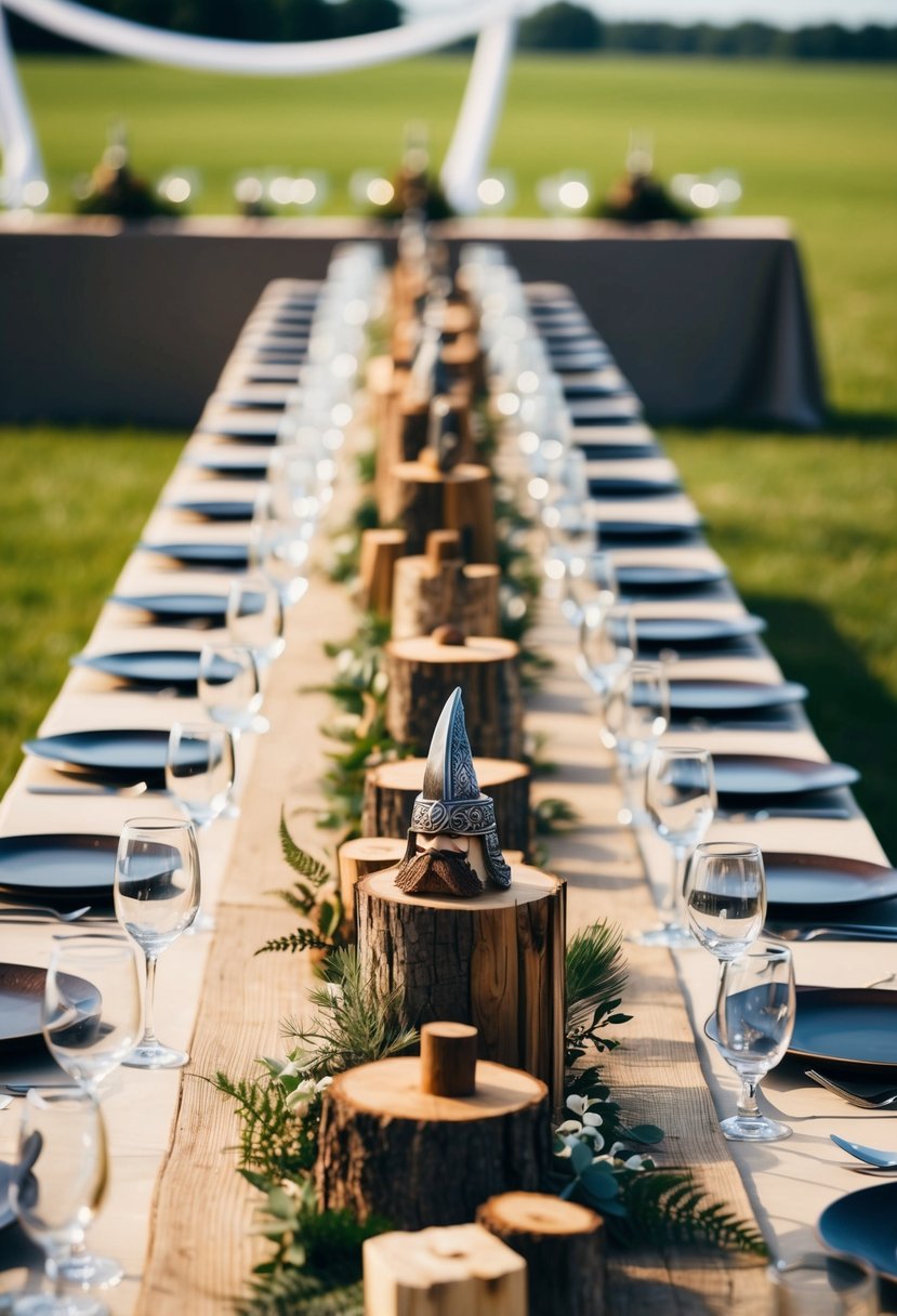 Rustic wooden centerpieces adorned with viking-inspired elements, set on long banquet tables in a grand, open-air setting