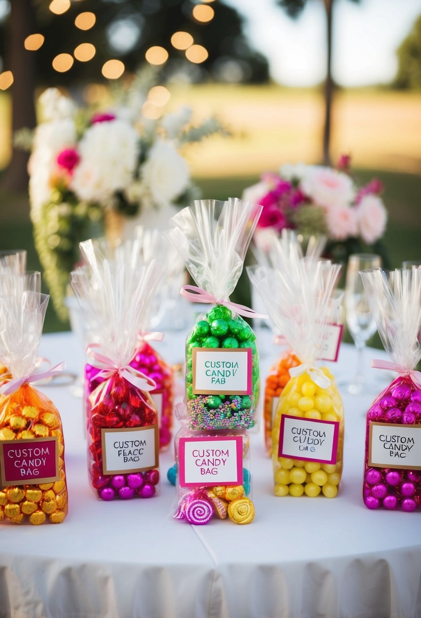 A table adorned with colorful custom candy bags, surrounded by wedding decor