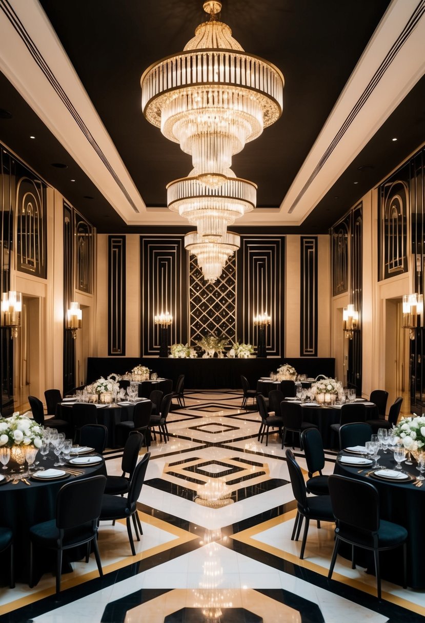 A grand Art Deco ballroom with sleek black and gold decor, elegant chandeliers, and ornate geometric patterns