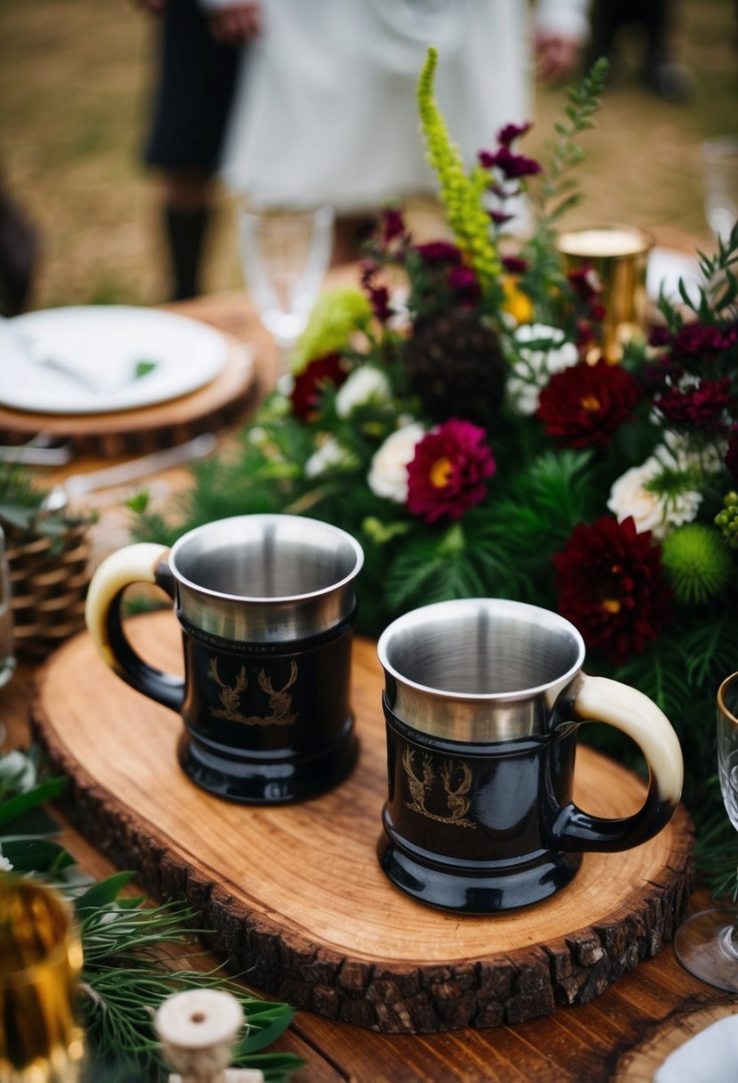 Two ox horn drinking mugs placed on a wooden table surrounded by Viking wedding decor and flowers