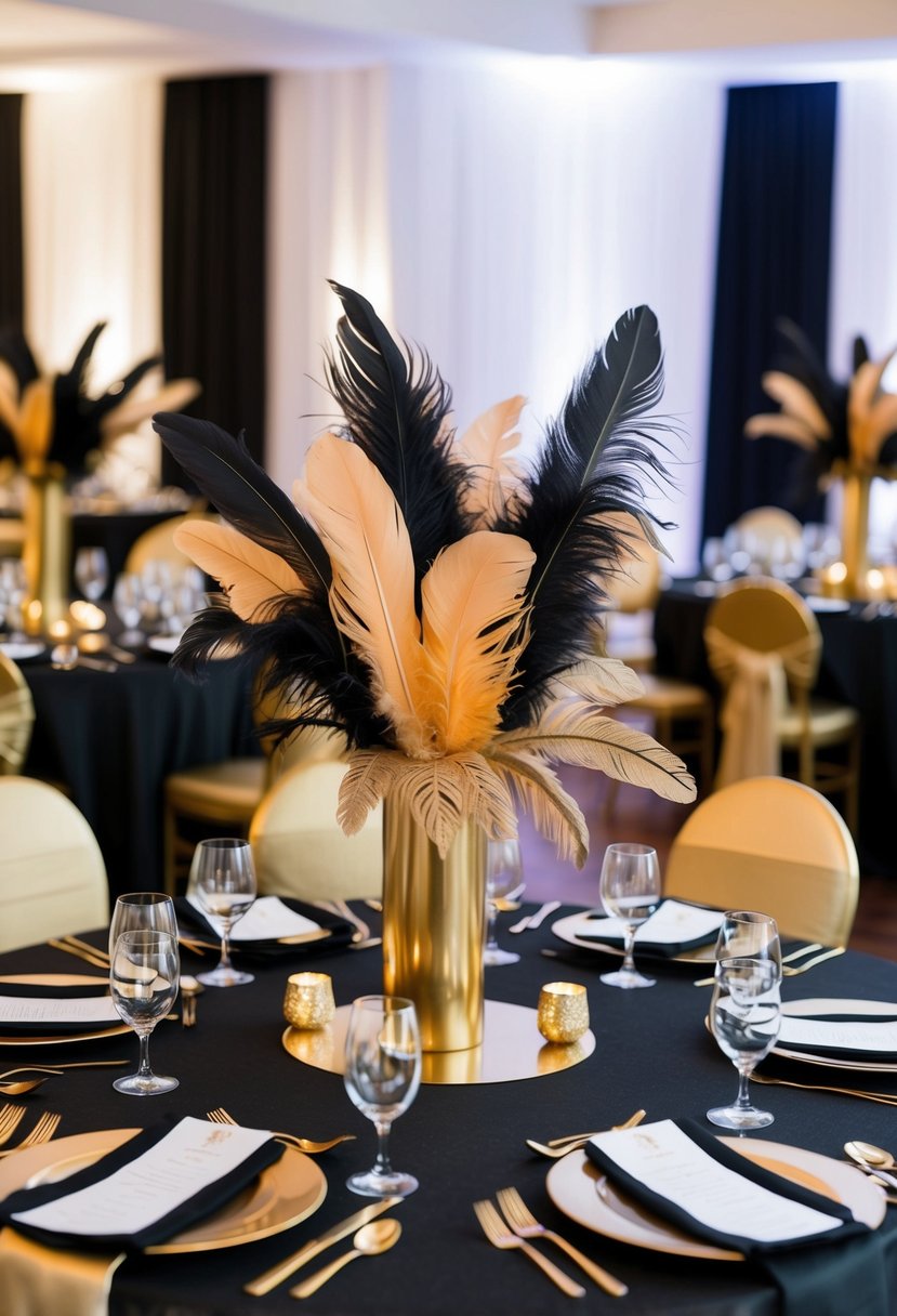 Feather centerpieces arranged with gold accents on black tablecloths, creating an elegant and luxurious ambiance for a black and gold themed wedding