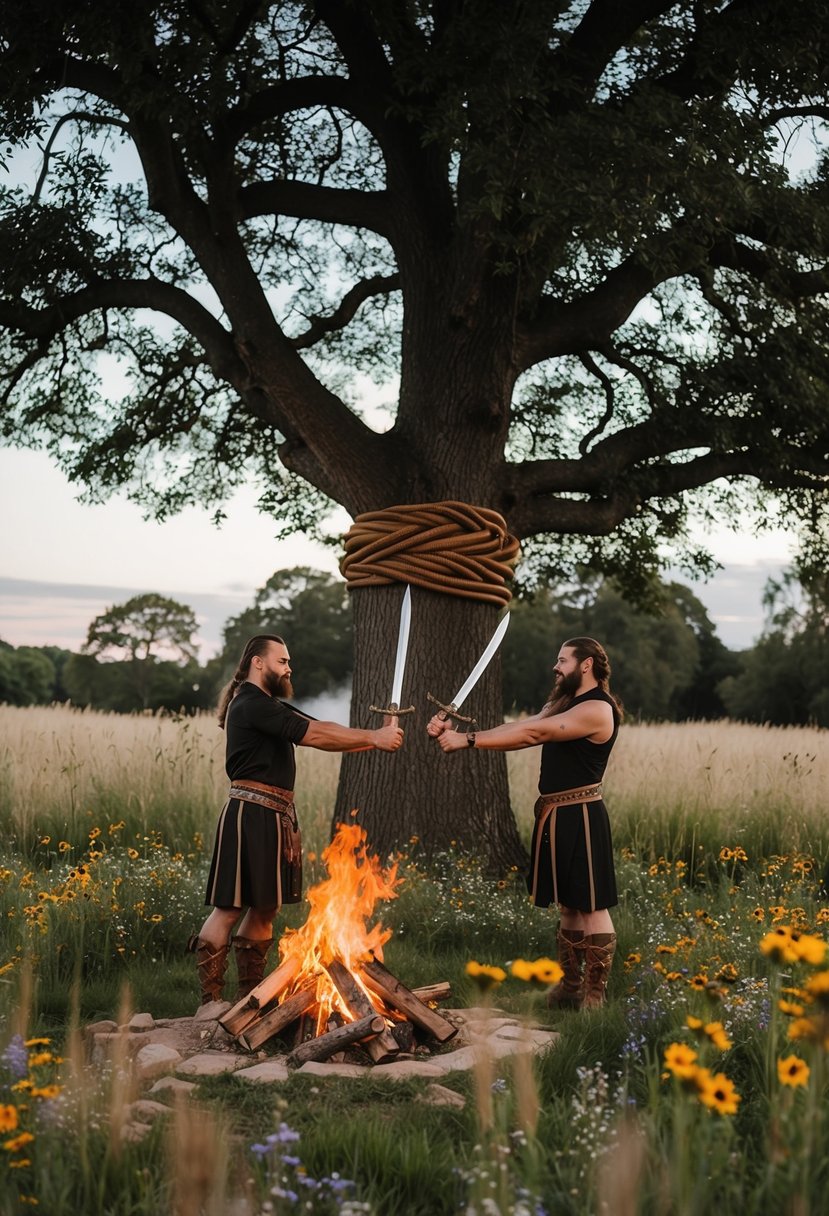 A viking handfasting ceremony under a large oak tree with a woven ribbon binding two swords together, surrounded by wildflowers and a roaring bonfire