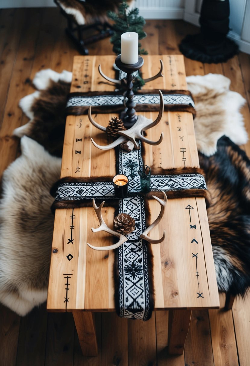 A wooden table set with Nordic runes, surrounded by fur rugs and antler decorations