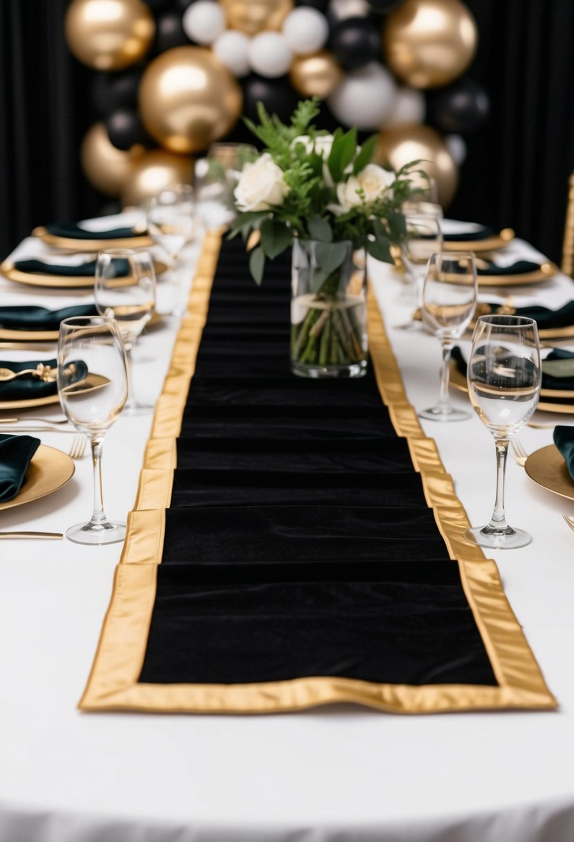 Black velvet table runners with gold trim on a white table, surrounded by gold and black wedding decor