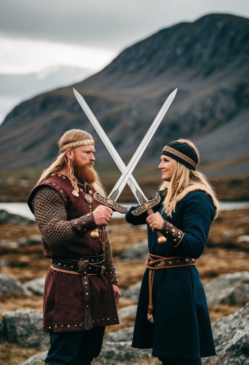 A viking couple holds crossed swords in a ceremonial gesture, surrounded by rugged Nordic landscape and traditional viking symbols