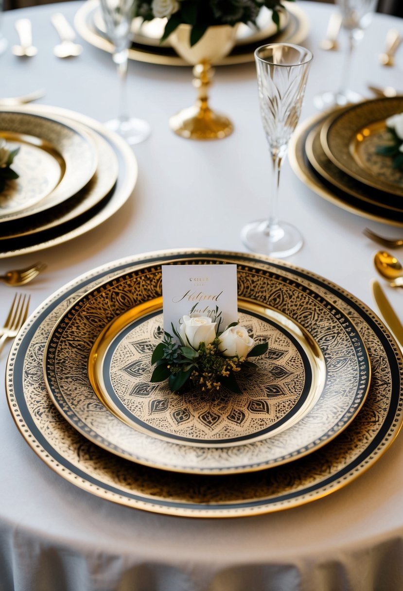 Gold chargers with intricate black and gold patterns arranged on a table for a luxury wedding setting