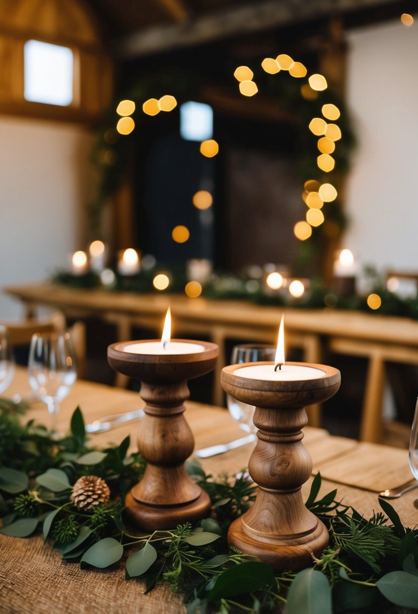 Two large wooden candle holders stand on a rustic table, surrounded by viking wedding decor and greenery