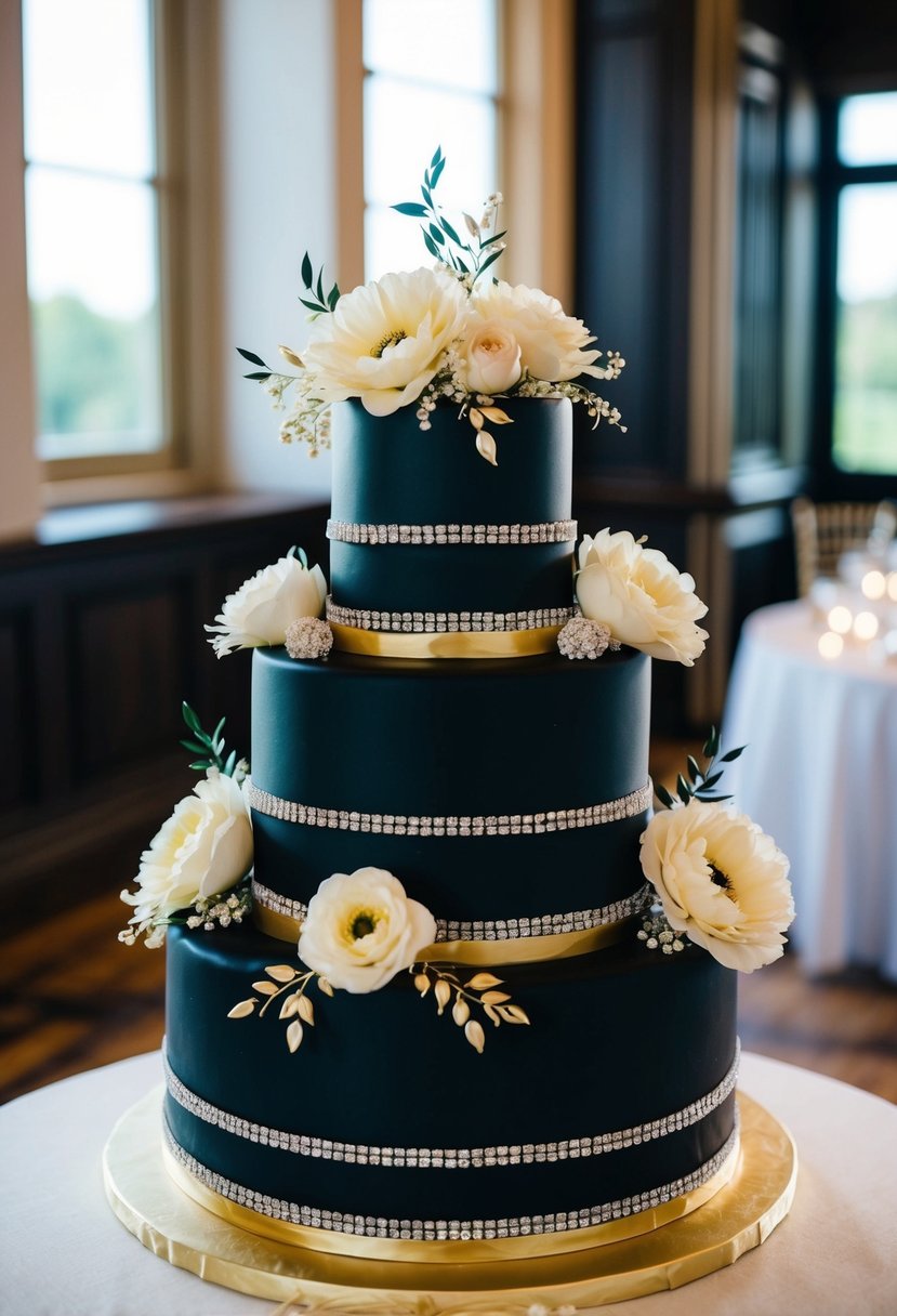 A three-tier wedding cake with black and gold accents, adorned with elegant floral decorations and shimmering details