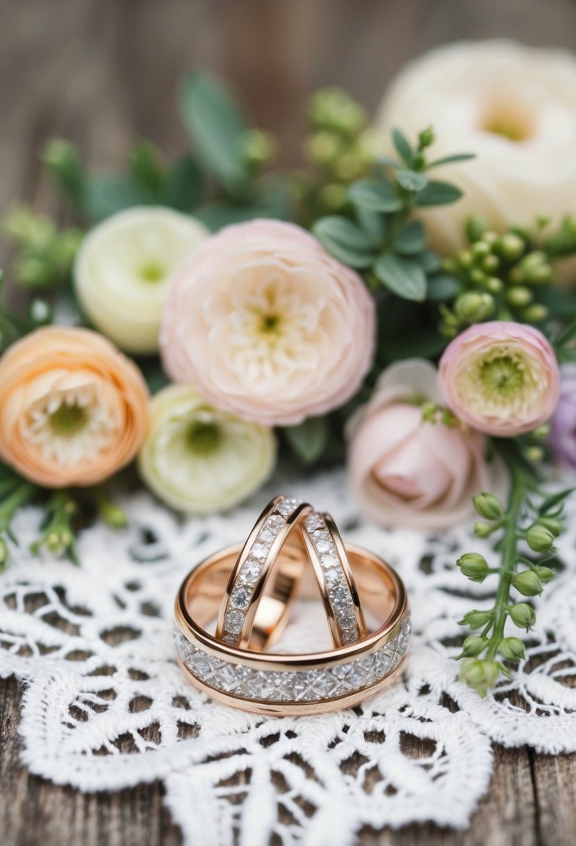 A pair of intertwined wedding rings resting on a bed of delicate white lace, surrounded by soft pastel-colored flowers and greenery