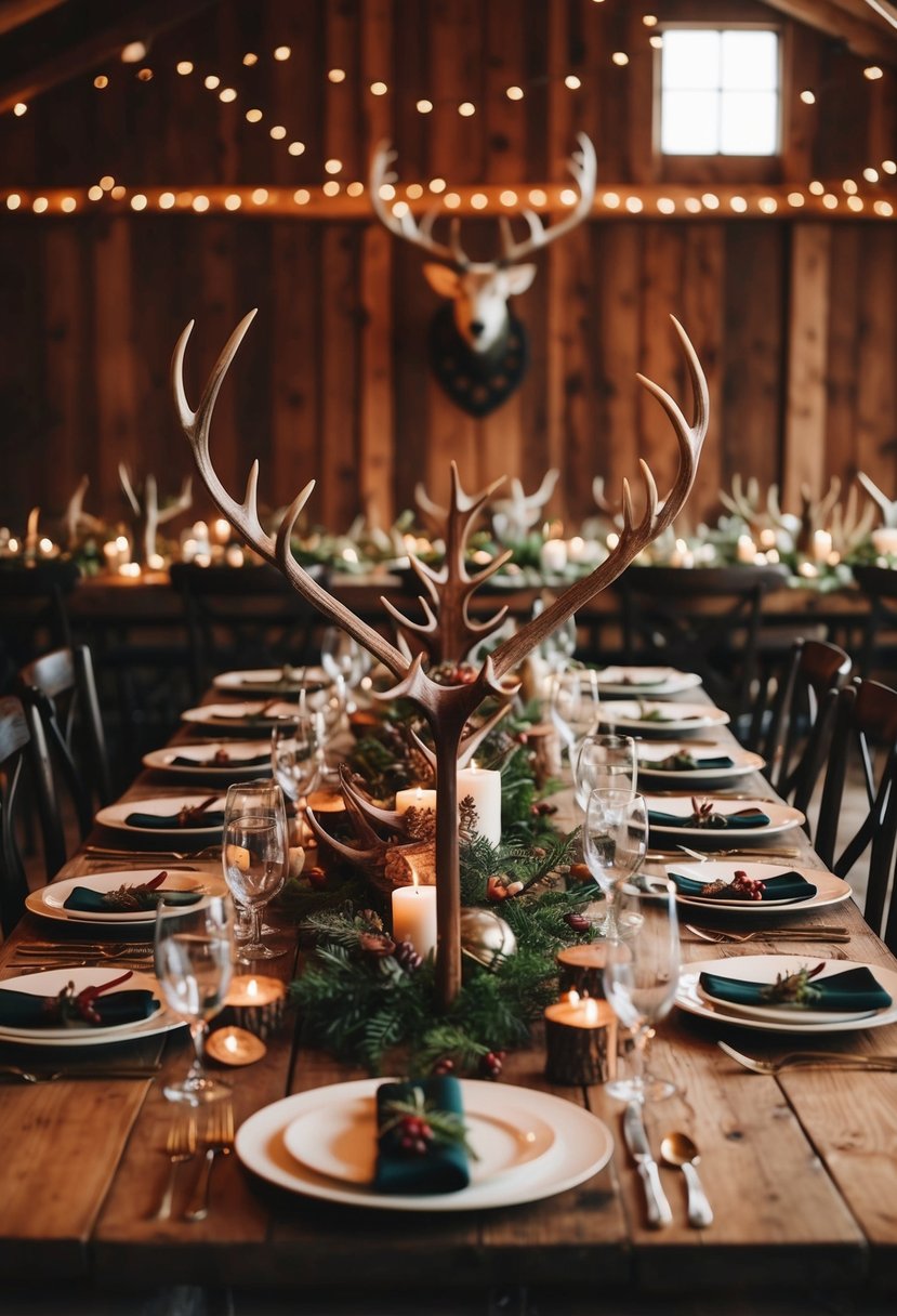 A Viking wedding feast with antler decorations and rustic table settings