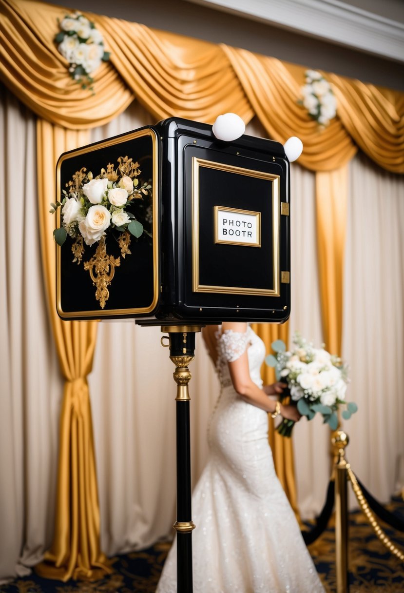 A vintage black and gold photo booth at a glamorous wedding, adorned with elegant drapery and golden accents