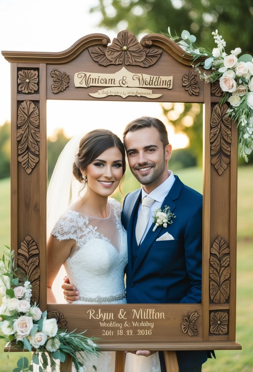 A wooden wedding frame adorned with intricate carvings and personalized with the couple's names and wedding date, surrounded by delicate floral accents