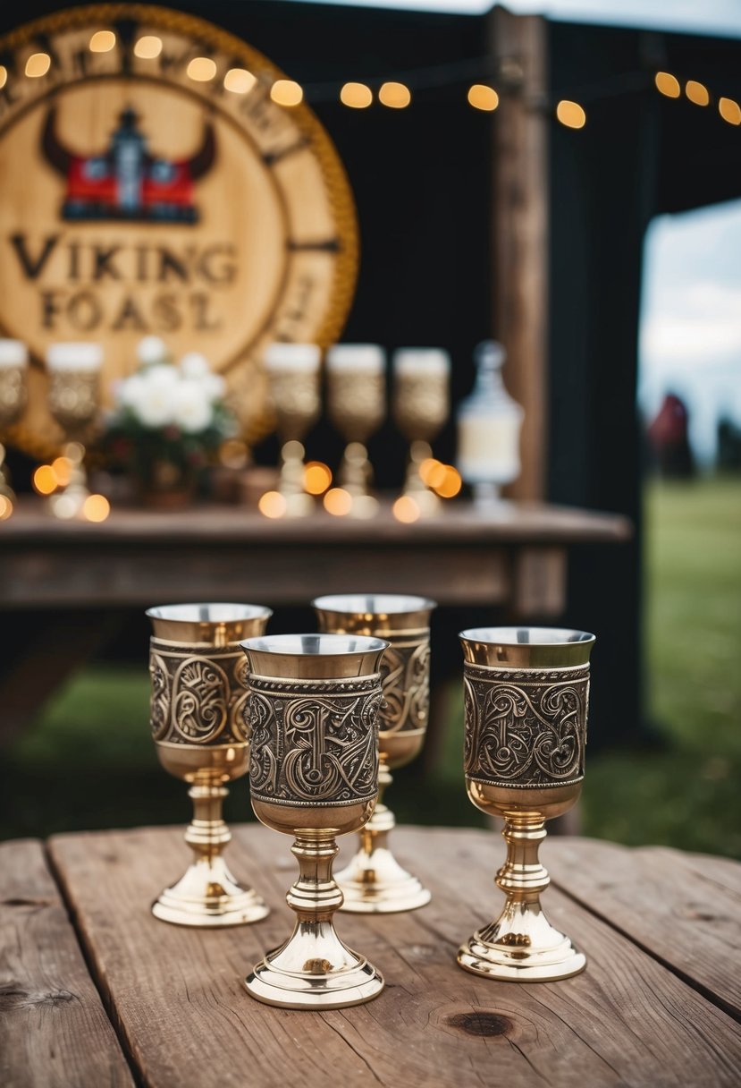 A rustic wooden table adorned with ornate goblets, set against a backdrop of Viking-inspired decor for a wedding toast