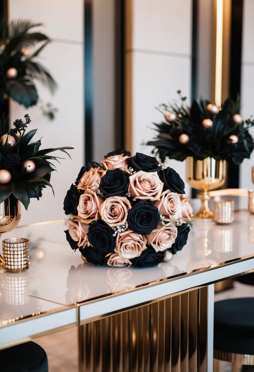 A luxurious rose gold and black wedding bouquet sits on a sleek, modern table, surrounded by shimmering gold accents and elegant black floral arrangements