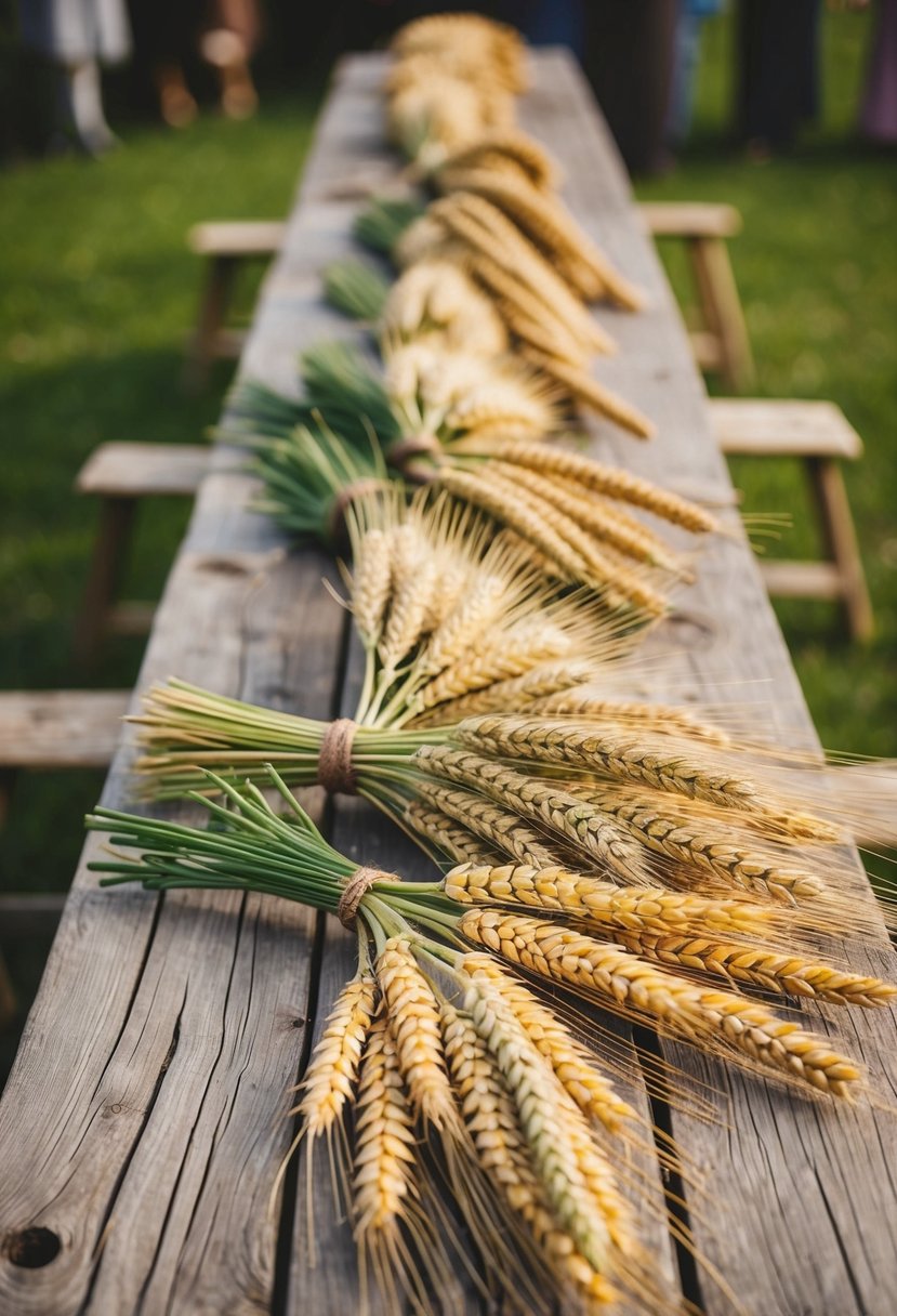 A rustic wooden table adorned with sheaves of wheat and oat bundles, serving as centerpieces for a Viking-themed wedding celebration