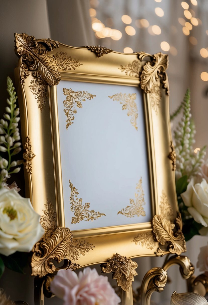 A gold leaf frame adorned with intricate custom engravings, surrounded by delicate floral motifs and ornate details