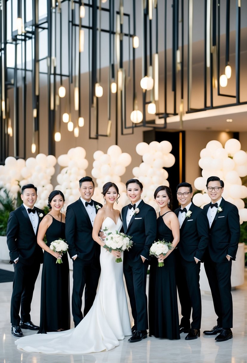 A chic black and gold bridal party attire, with elegant dresses and suits, set against a luxurious and modern wedding backdrop