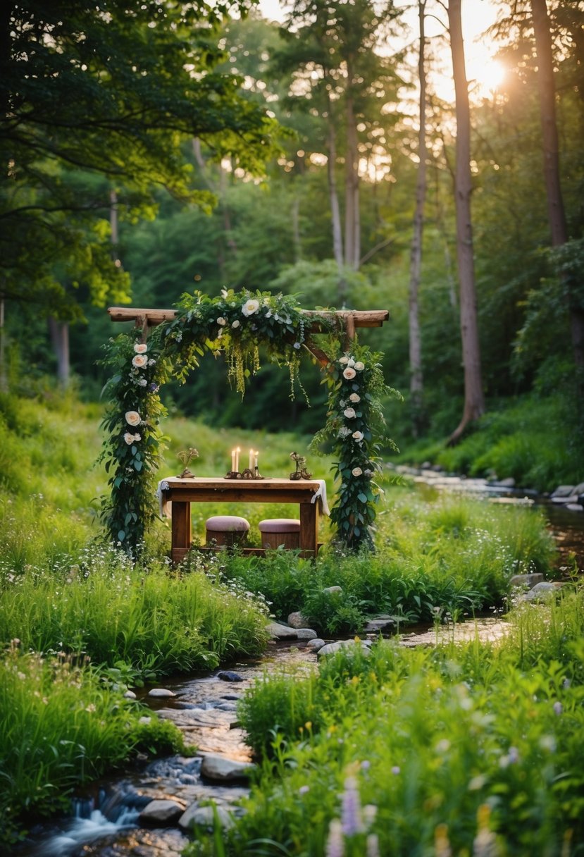 A lush forest clearing with a rustic wooden altar adorned with greenery and wildflowers. A small creek runs nearby, and the soft glow of sunset filters through the trees