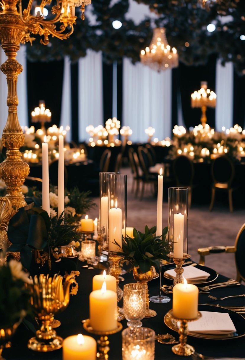 A grand black and gold ceremony with flickering candlelight illuminating opulent decor and intricate details