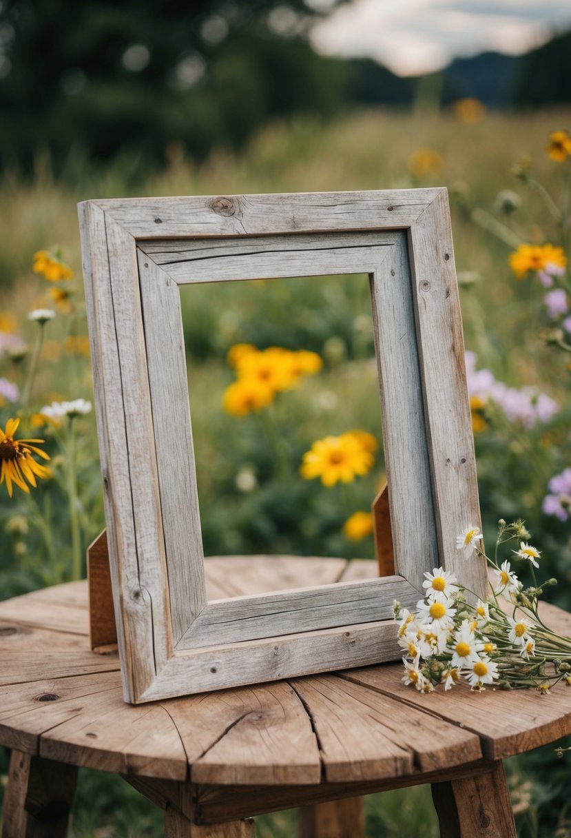 A weathered barnwood photo frame on a wooden table, surrounded by wildflowers and rustic decor