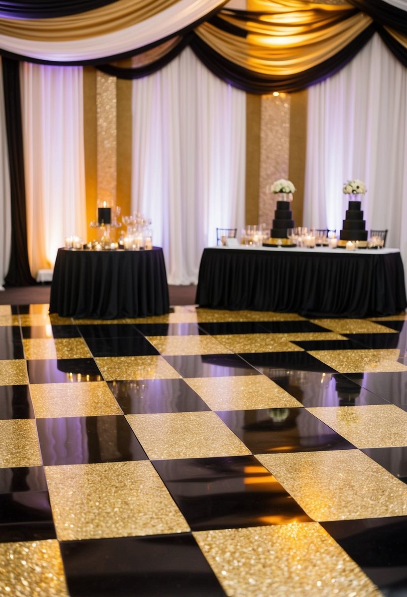 A grand dance floor adorned with elegant gold and black decals, creating a luxurious ambiance for a black and gold themed wedding