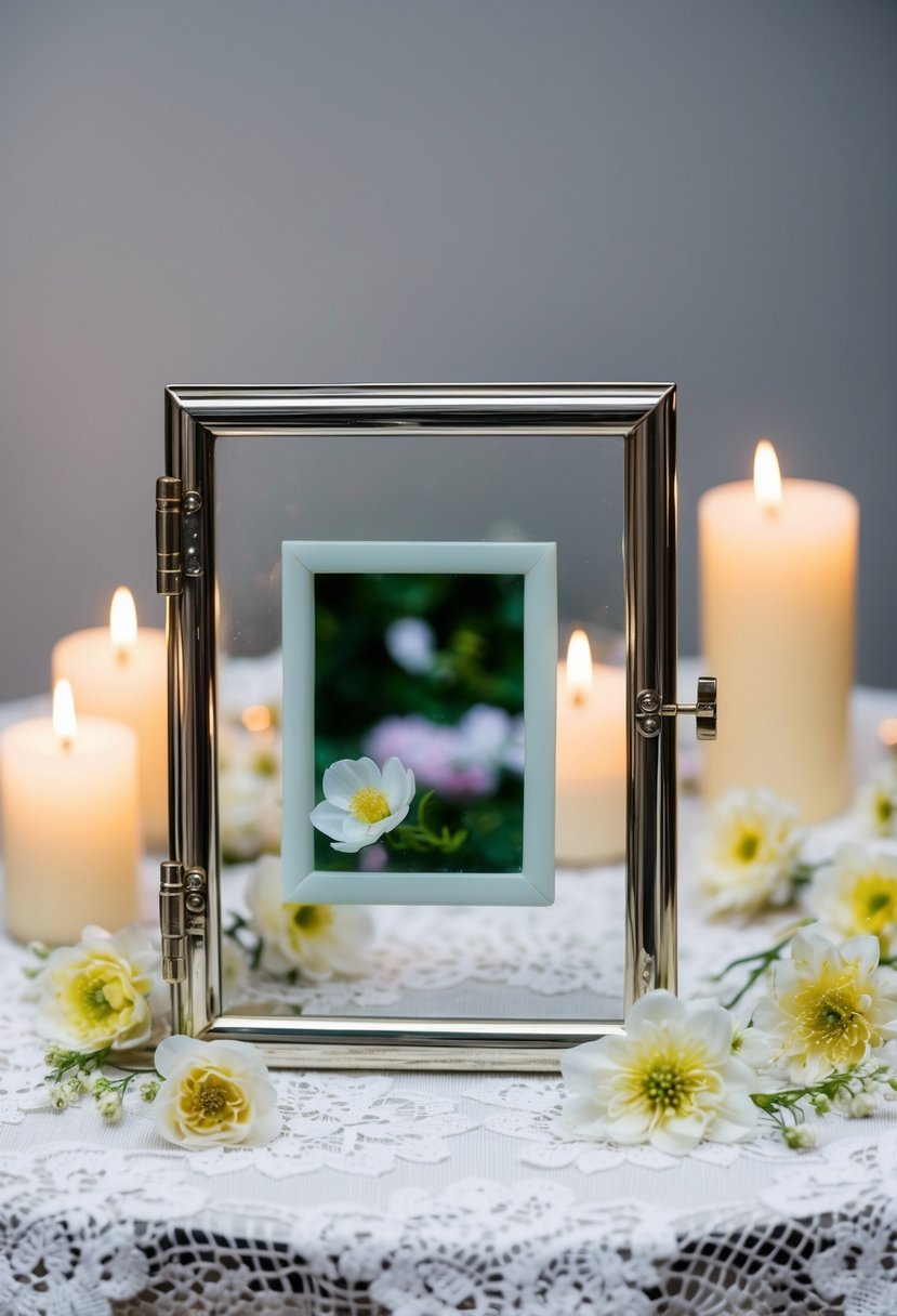 A double-hinged glass and metal frame sits on a white lace tablecloth, surrounded by delicate flowers and soft candlelight