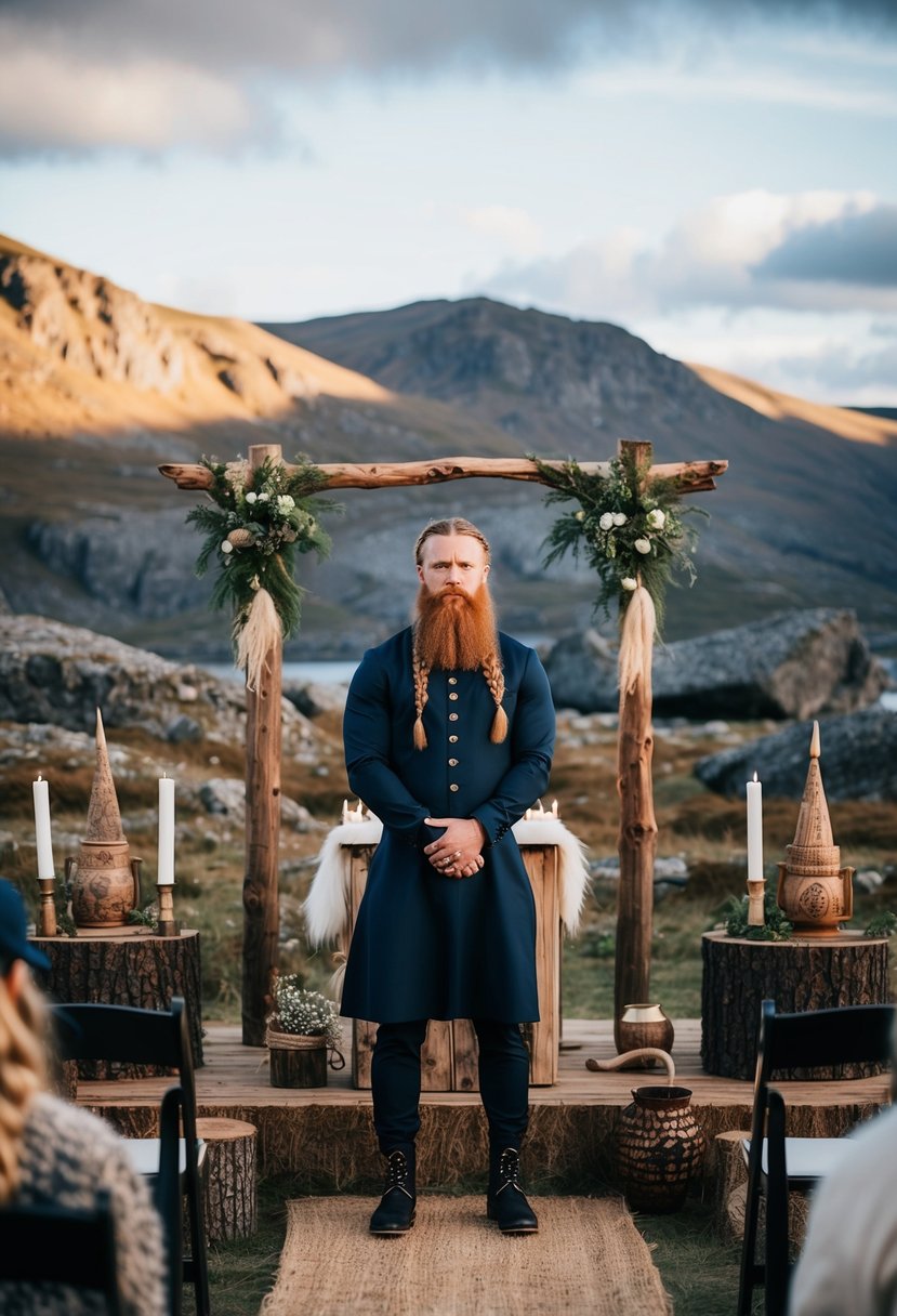 A bearded groom with braided hair stands before a rustic Viking wedding altar, surrounded by rugged Nordic landscapes and traditional Viking decor