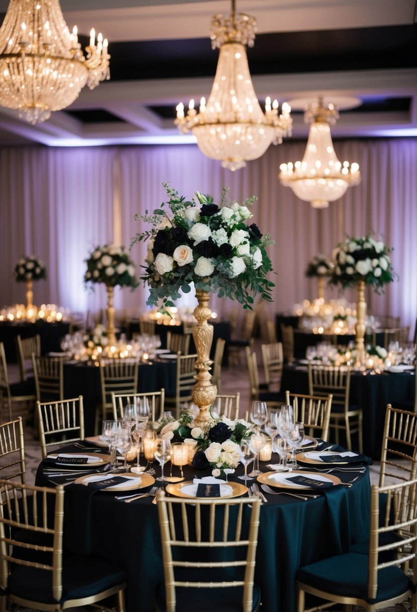 A lavish black and gold wedding reception with ornate chandeliers, gilded table settings, and opulent floral centerpieces