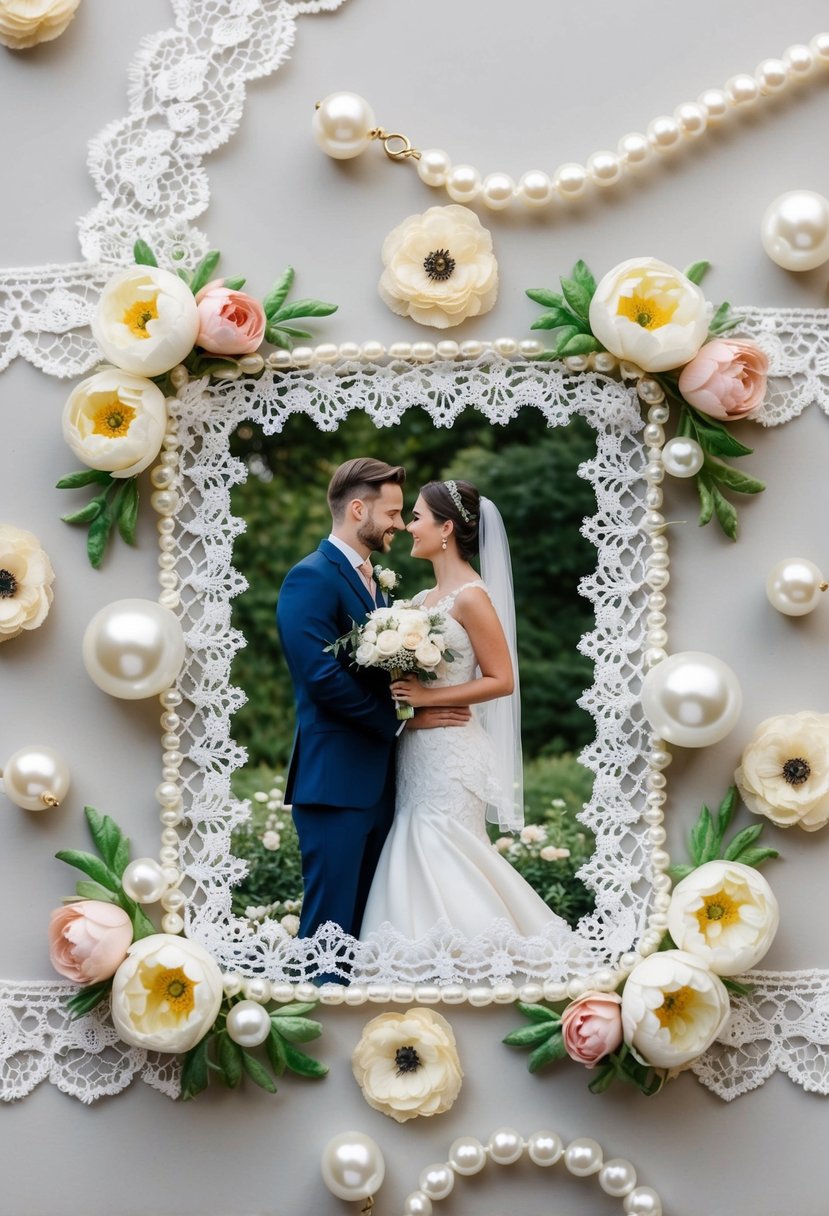 A lace and pearl embedded frame surrounds a wedding photo with elegant floral accents